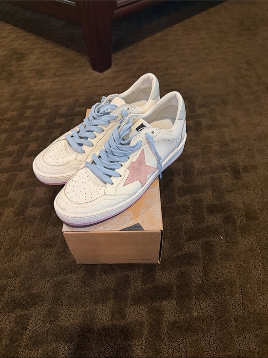 Golden Goose Shoes - Golden Goose White Leather Sneakers with Pink Star and Light Blue Laces